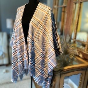 Plaid poncho beige, navy, gray, orange & blue colors. Gorgeous trend.
